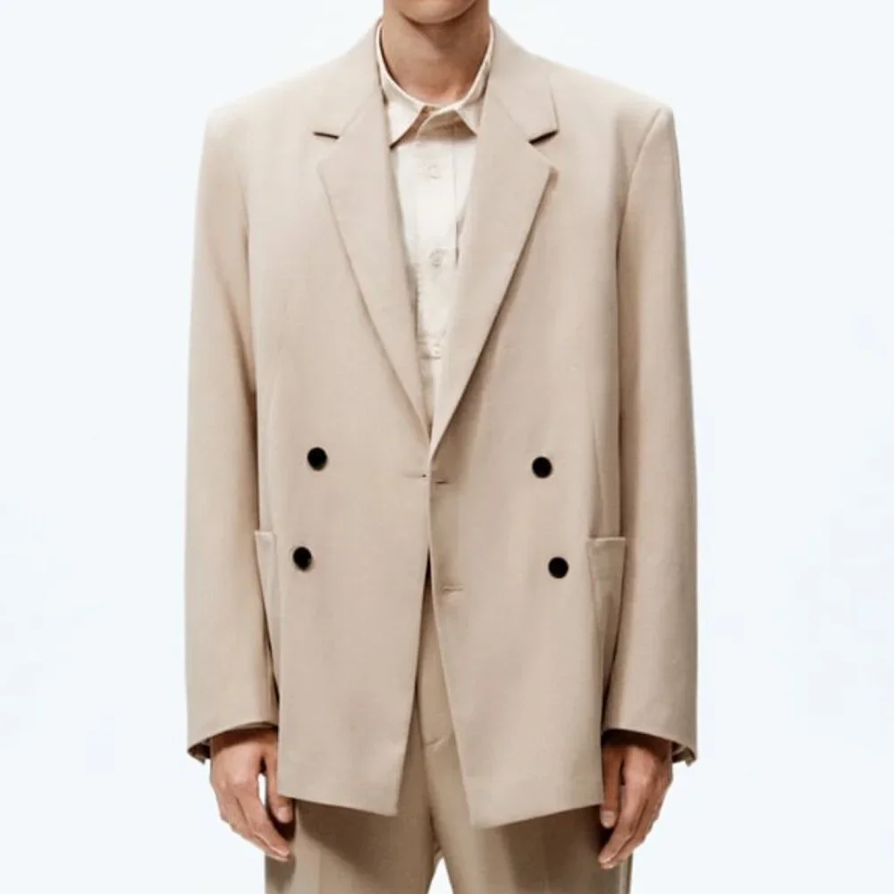 Zara Double Breasted Suit Blazer in Beige
